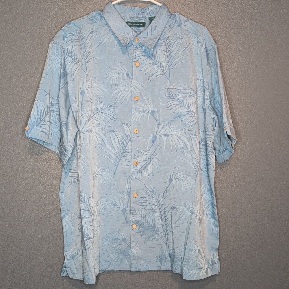 Cubavera Hawaiian Blue Leaves Button Up Short Sleeve Pocket Vacation - Mens XL